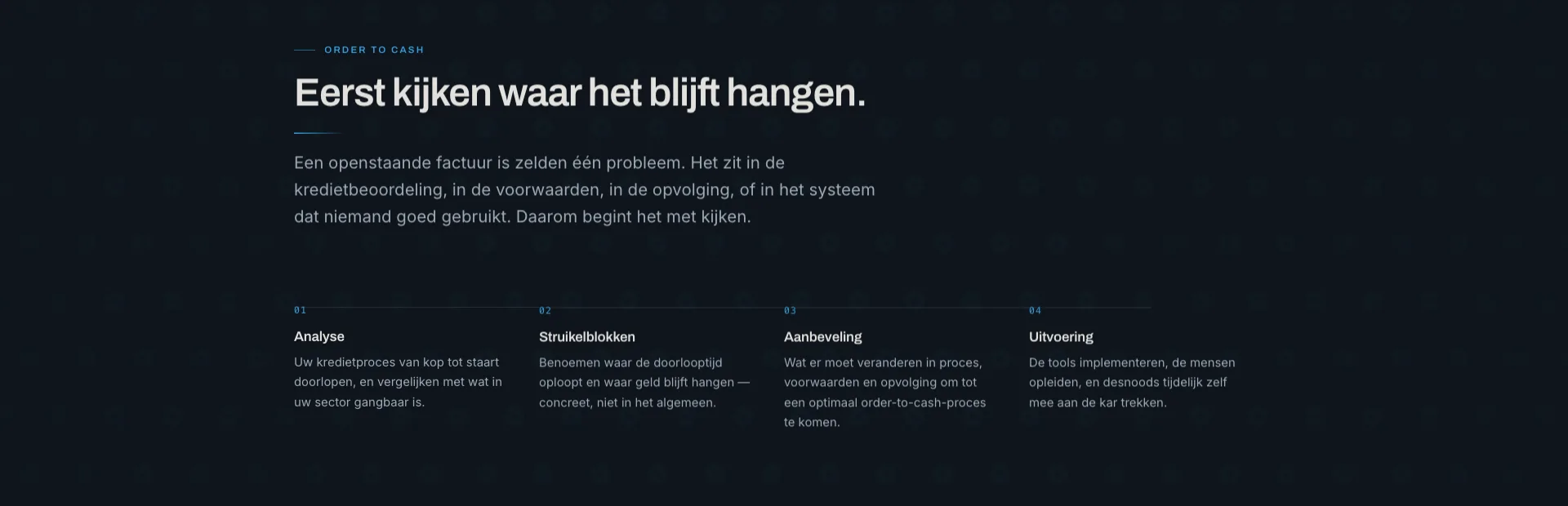 Order to cash in vier stappen: analyse, struikelblokken, aanbeveling, uitvoering.