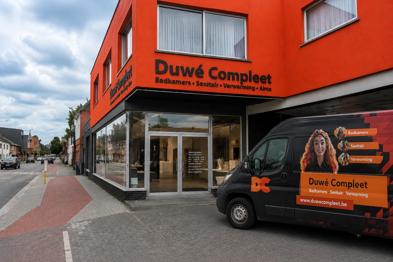 De gevel in de straat: oranje vlak, zwarte plint, naam en vakgebieden in losse letters. Dezelfde hiërarchie als op de wagen, alleen dan stilstaand.