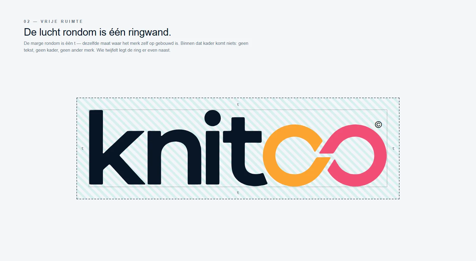 De vrije ruimte is één ringwand rondom. Binnen dat kader komt niets — geen tekst, geen kader, geen ander merk.