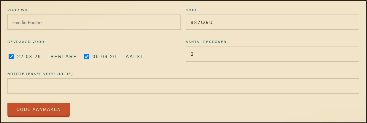 Codes maken per uitnodiging: voor wie, welke dagen, hoeveel plaatsen.