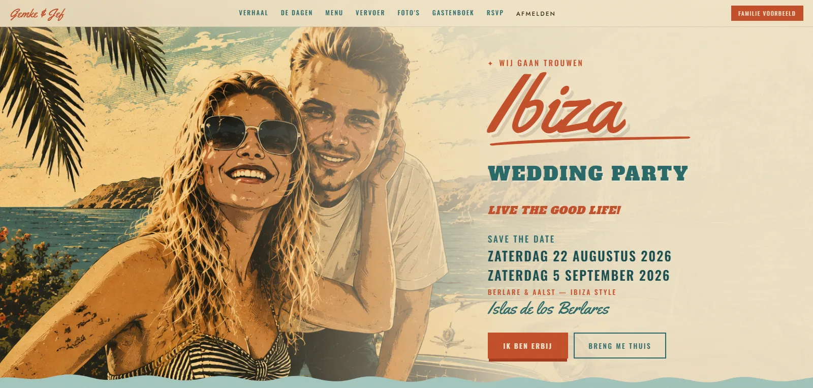 De opening: affiche, datums en meteen de twee dingen die een gast wil doen — ja zeggen en vervoer regelen.