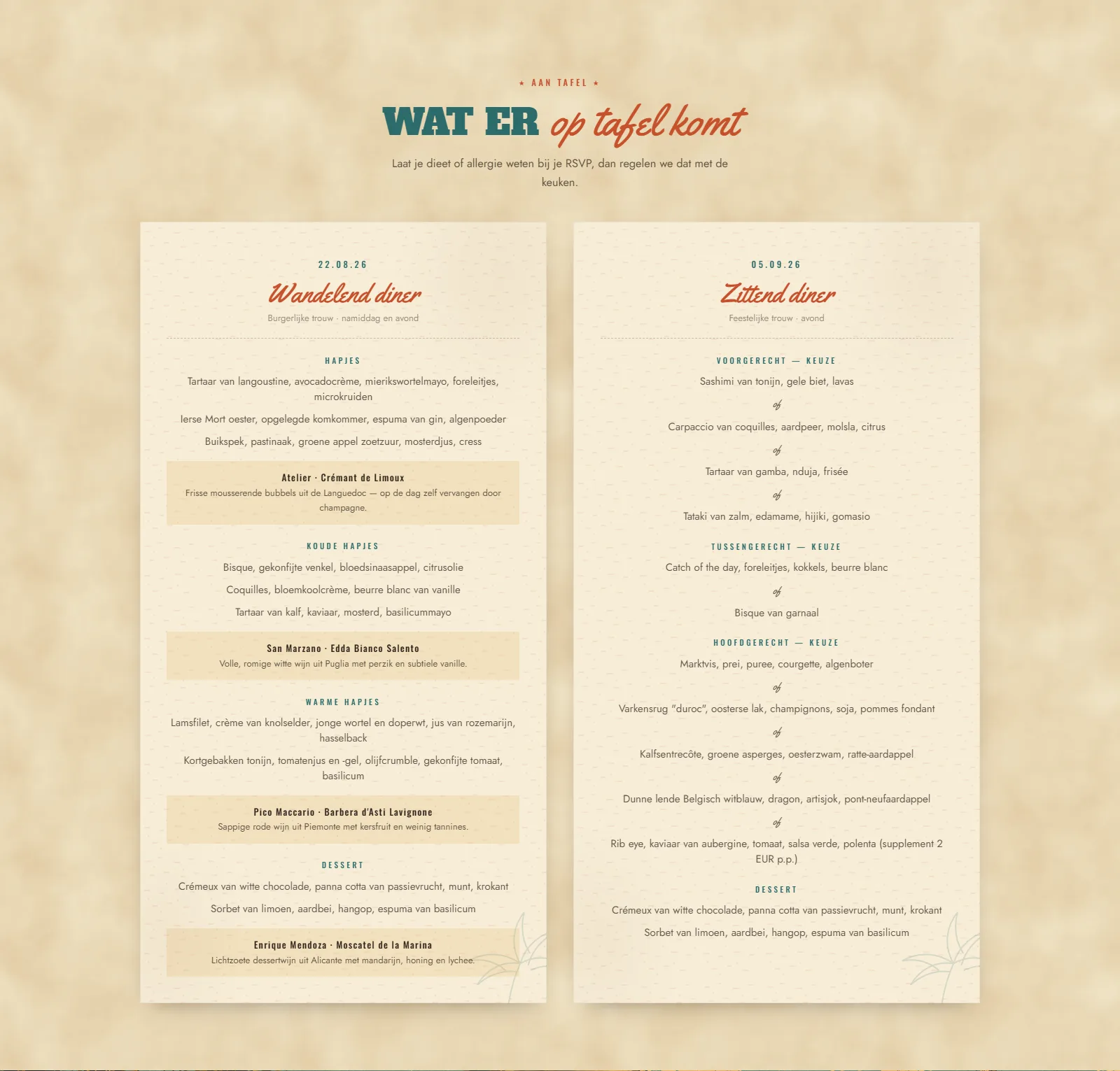 Het menu per dag, met wijnarrangement. Wie maar op één dag komt, ziet ook maar één menu.