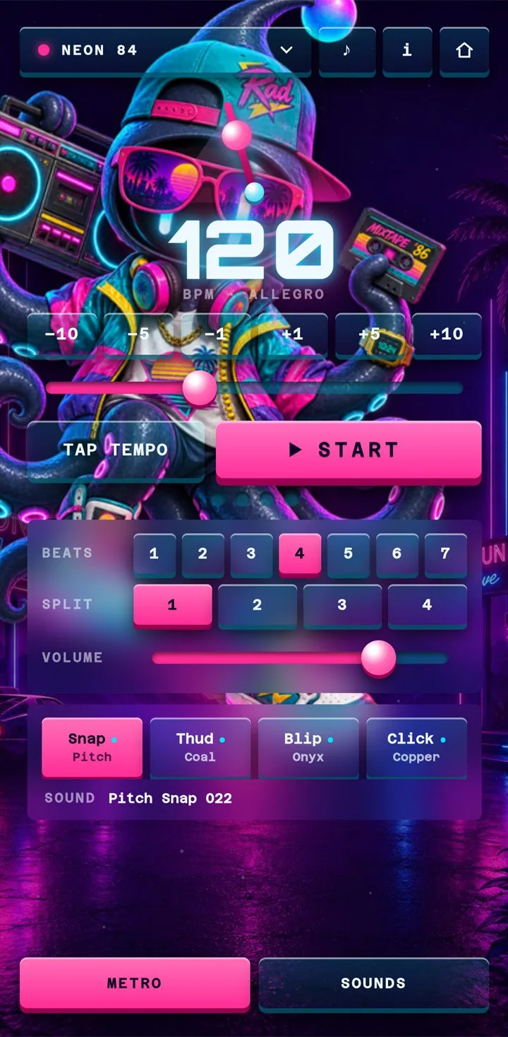 Het scherm van de app in de Neon-skin: tempo, maat, klank en het personage dat meekijkt.