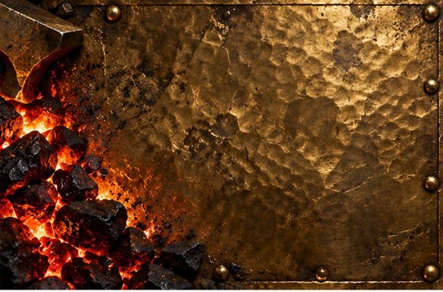 Een geslagen gouden plaat boven een kolenvuur, met een aambeeld op de gloeiende kolen ernaast.