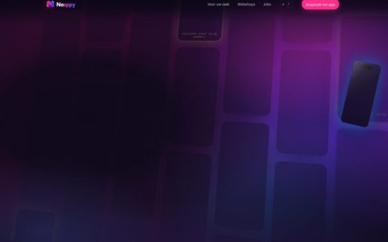 De openingsbladzijde van Noappy, met schermen van apps in het donker.